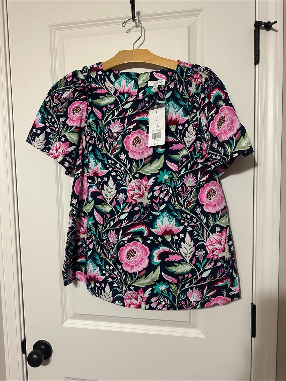 crown & ivy Navy Floral Short Sleeve Blouse with Pink & Teal Blooms